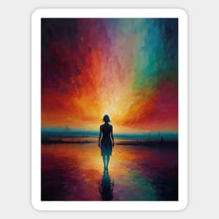 Woman Standing on Shoreline at Sunset With Radiant Sky Reflections in Water Sticker